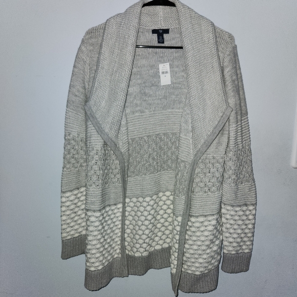 New Gap Heather Gray White Mix Textured Open Cardigan Sweater Pockets - Picture 1 of 5